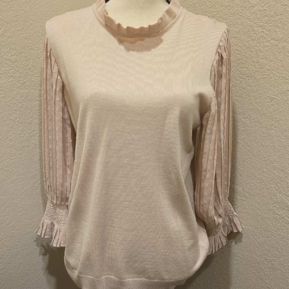 Elegant Peach Blouse with Sheer Pleated Sleeves